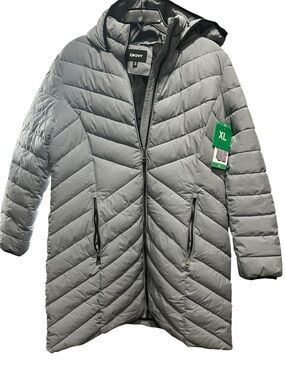DKNY Light Gray Quilted Hooded Puffer Jacket